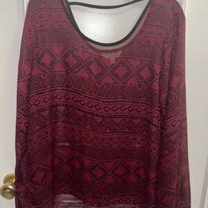 Charming Charlie SHEER Patterned Wine / Cranberry Long Sleeve Blouse See Through